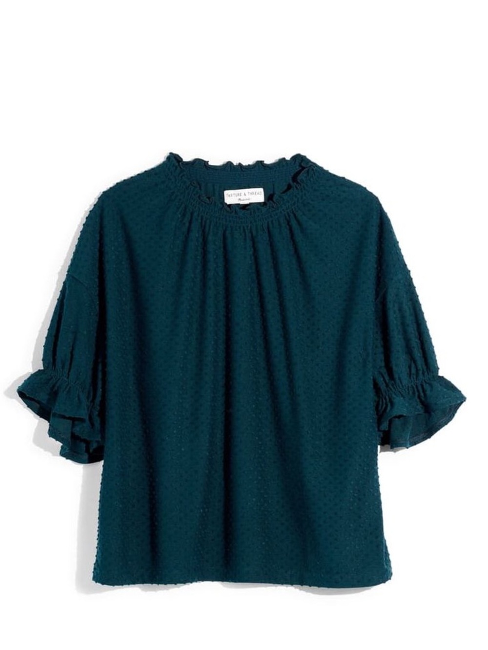 Madewell Texture & Thread Ruffle Sleeve Swiss Dot Top in Teal